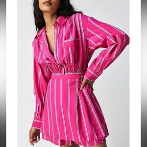 Free people hot pink high vibration shirt dress preppy striped boho summer nwot